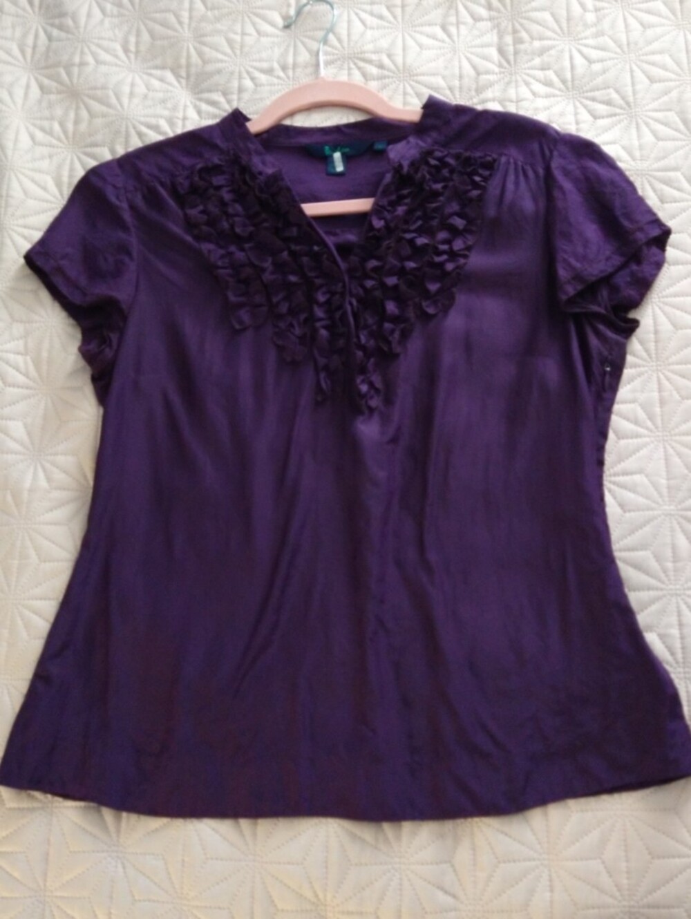 Boden Women's 100% Silk Purple Ruffle V-Neck Top Sizec12